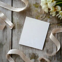 An empty white card lying flat on an aged, cracked paint wooden table, surrounded by neutral ribbon