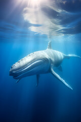 Fototapeta premium Magnificent Gliding Blue Whale in Azure Ocean Depths: A Scenic Illustration of Marine Serenity