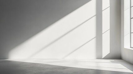 Minimalist wall interior background with white and grey tones, studio setting for product display and text insertion, featuring window shadows for natural lighting effect and presentation backdrops