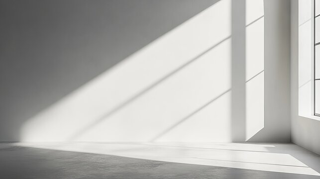Minimalist wall interior background with white and grey tones, studio setting for product display and text insertion, featuring window shadows for natural lighting effect and presentation backdrops
