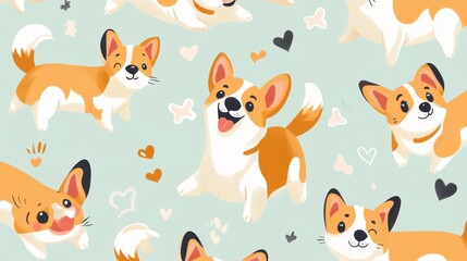 59.Vector seamless pattern of cartoon corgis, each with a unique playful expression and pose on a soft pastel background; puppies illustrated with bright, joyful eyes, some wagging tails, others