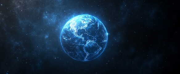 Fototapeta premium Glowing blue Earth in space, continents visible.