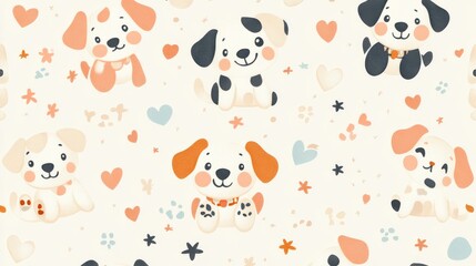 64.Playful seamless vector pattern of cartoon puppies with expressive, round faces and a variety of poses, against a soft pastel background; each puppy has a unique, charming expression, surrounded