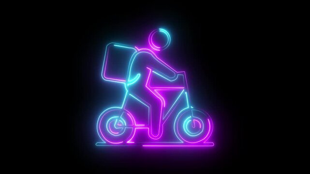 delivery man cycle icon abstract seamless animation of 4K neon lines. Beautiful animation of multicolored neon lines 4k video. Man is riding with bicycle icon animation, 