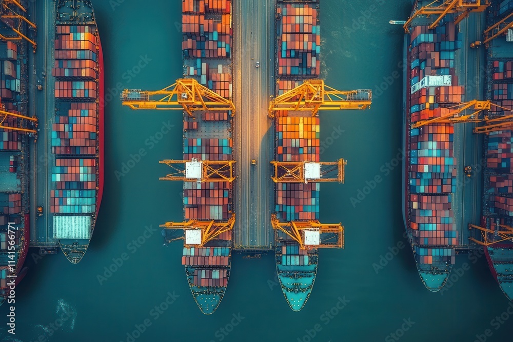 Poster Aerial view of cargo ships loaded with containers, showcasing a busy port with cranes for loading and unloading goods.
