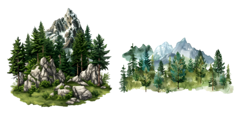 forest with mountains and trees isolated on a white background. Generative AI.