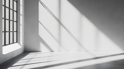 Fototapeta premium Minimalist wall interior background with white and grey tones, studio setting for product display and text insertion, featuring window shadows for natural lighting effect and presentation backdrops