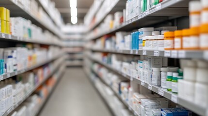Aisle of a Modern Pharmacy Filled with Various Medicine Bottles and Boxes Displayed Neatly on Shelves in a Brightly Lit Interior Space