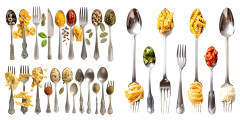 Forks and spoons with various tasty pasta. Generative AI.