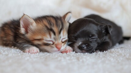 Obraz premium 76.Adorable close-up of a tiny kitten and puppy lying side by side on a white floor, both with gentle smiles and eyes closed, as if peacefully napping together; the kittenâ€™s tiny paws are tucked