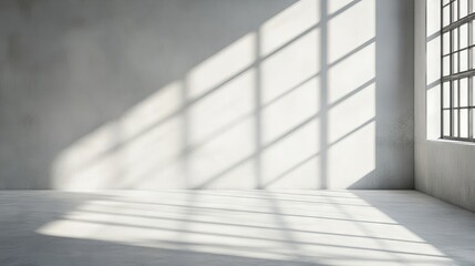 Obraz premium Minimalist wall interior background with white and grey tones, studio setting for product display and text insertion, featuring window shadows for natural lighting effect and presentation backdrops