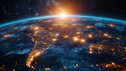 Obraz premium A stunning view of Earth at sunrise, showcasing illuminated cities, continents, and the vibrant blue atmosphere against a backdrop of stars.