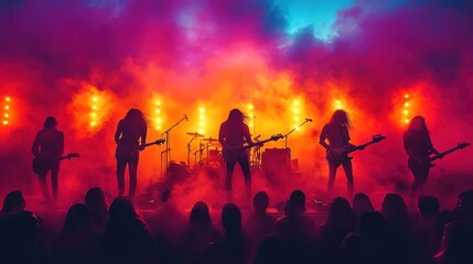Fototapeta premium Band performing on stage with vibrant lighting and smoke