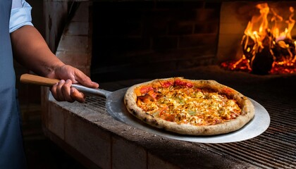 chef’s hands pulling freshly baked pizza from a wood-fired oven with flames, using a metal pizza peel for authentic cooking  
