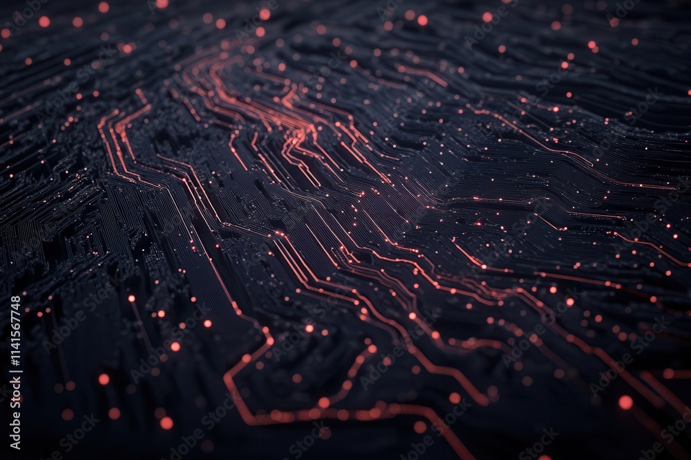 Poster abstract digital landscape with glowing lines and points, resembling circuitry against a dark backgr