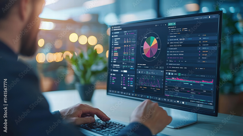 Poster data analysis software interface displayed on modern computer screen, showcasing colorful graphs and