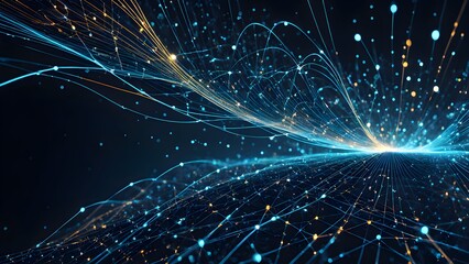 Using lines, nodes, and glowing particles to express information processing and visualize the interaction between quantum computing and AI.