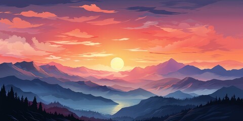 Obraz premium Vibrant Vector Illustration of a Colorful Sunset Over Mountainous Landscape with Big Shaped Clouds and Reflected Sunlight on Water Surface