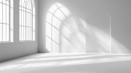 Fototapeta premium Minimalist wall interior background with white and grey tones, studio setting for product display and text insertion, featuring window shadows for natural lighting effect and presentation backdrops