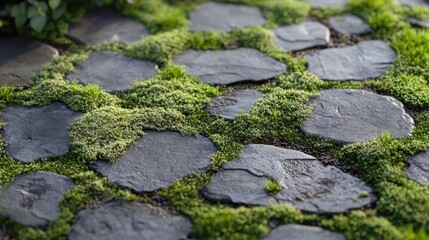 Vibrant Moss Growing Between Pavers in a Garden Pathway