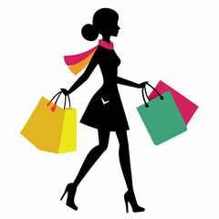 Shopping Woman Silhouette Carrying Multiple Bags - Elegant Shopper Vector Design