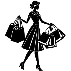 Shopping Woman Silhouette Carrying Multiple Bags - Elegant Shopper Vector Design