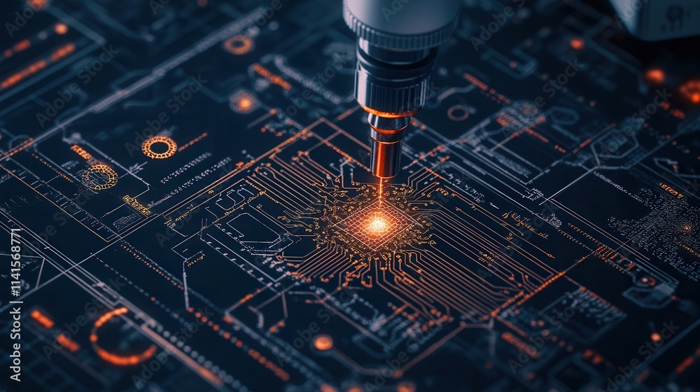 Poster a close-up of a circuit board being laser-etched, showcasing intricate designs and glowing elements,