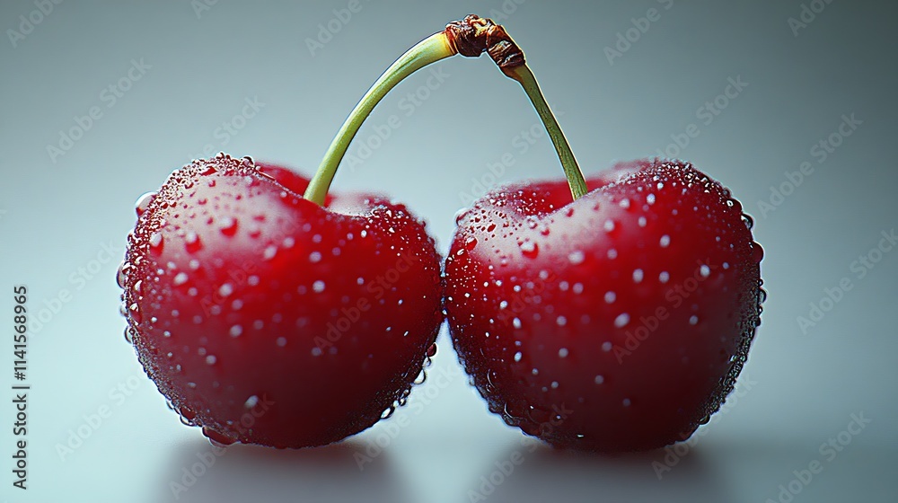 Aufkleber fresh red cherries with dew drops on elegant smooth surface : generative ai