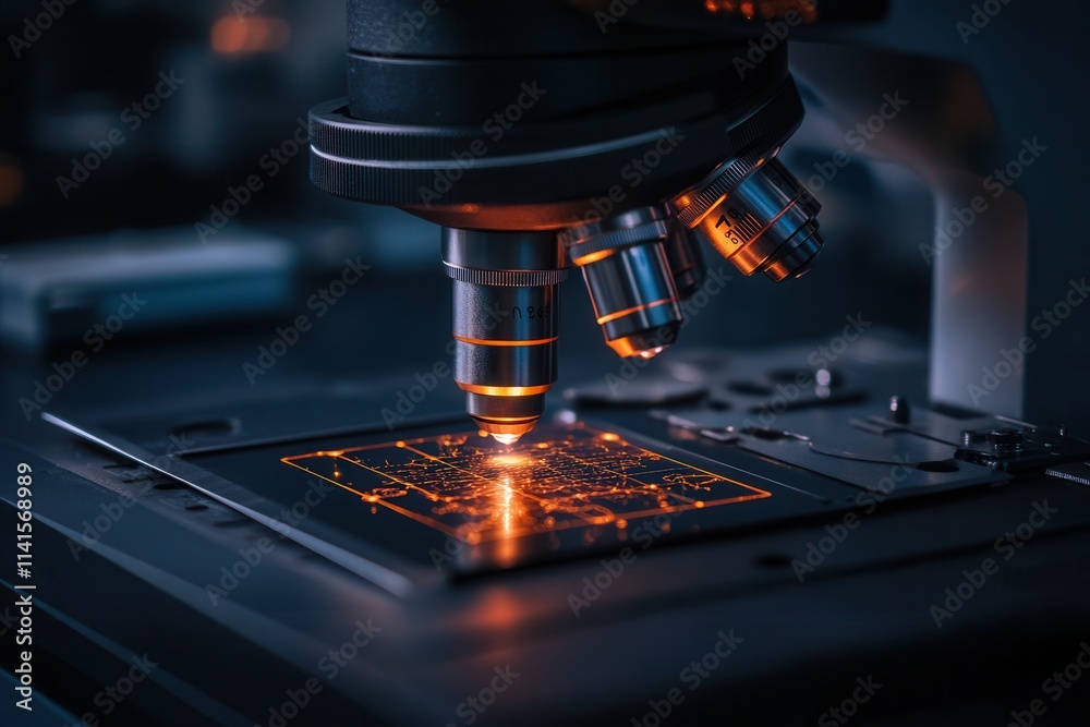Poster a close-up of a microscope examining a circuit board, highlighting intricate details with glowing el
