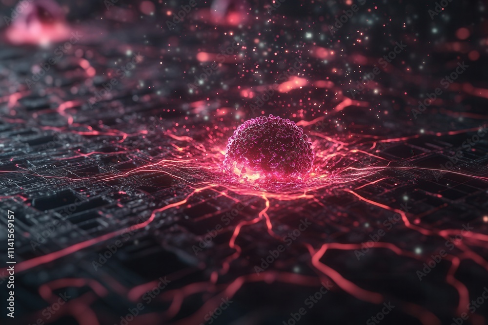 Poster a glowing, abstract representation of a network, featuring a central sphere surrounded by vibrant li