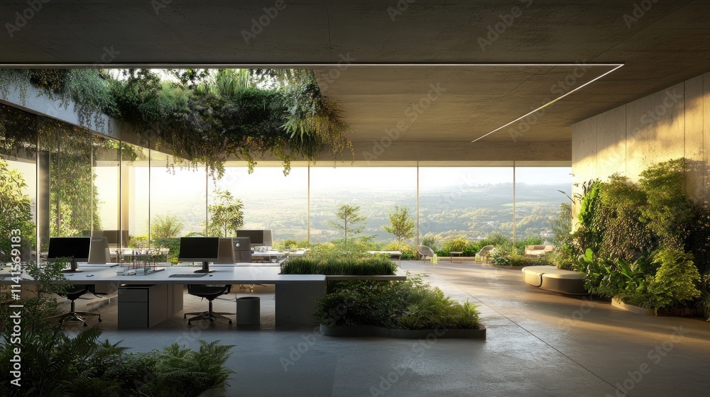 Poster modern office space with greenery and panoramic views, promoting a serene work environment.