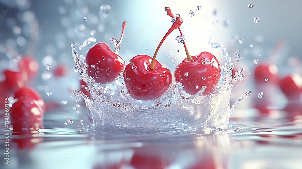 Poster dynamic splash of red cherries in water with mesmerizing motion and ripples : generative ai