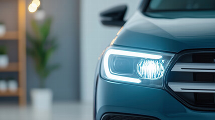 Sleek car headlight with modern design, showcasing advanced technology and elegance. bright illumination highlights vehicle features in stylish interior setting