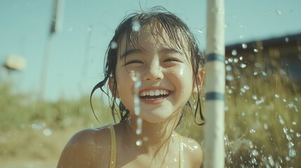 Obraz premium Joyful spring moment: young girl smiling outdoors in a sunlit setting
