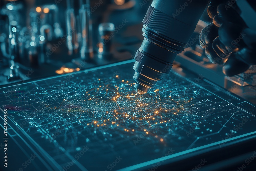 Poster a microscope hovers over a glowing digital interface filled with interconnected nodes, suggesting a 