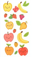 A collection of cheerful fruit illustrations featuring apples, bananas, and strawberries with smiles.