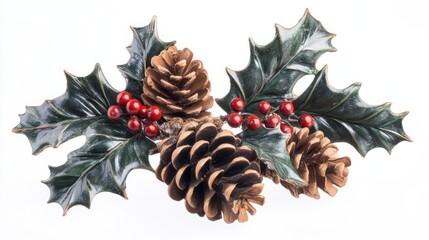 Christmas decoration with pine cones and holly leaves.