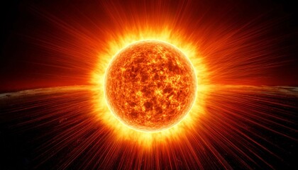 Fototapeta premium Bright sun burns with plasma and flares in space. Solar flare plaza and magnetic storms, concept