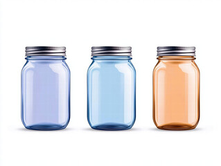 Glass jars in various colors, including blue and orange, isolated on white background. Perfect for storage or decoration, these jars add vibrant touch to any setting
