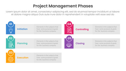 5 phase project management infographic template banner with long rectangle box grey background with 5 point list information for slide presentation