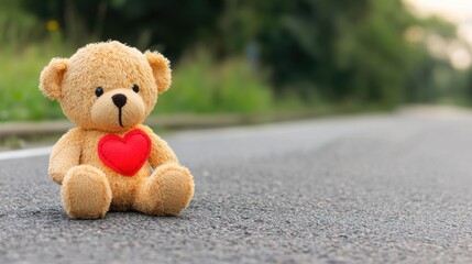 Obraz premium Lonely teddy bear with heart symbol on empty road reflecting need for renewal and reflection