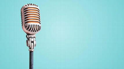 Vintage microphone on turquoise background, perfect for music and performance themes. This isolated...