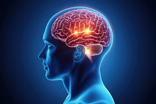 X-ray of a man&rsquo;s head, medical examination of head injuries, frontal brain highlighted in red