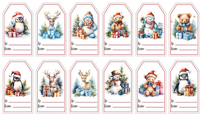 A set of cute Christmas gift tags featuring watercolour illustration of adorable snowman, deer, bear, teddy bear 