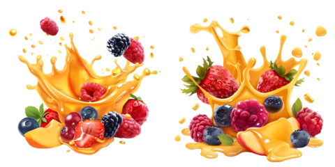 Fruit burst. Splash of juice. Sweet tropical fruits and mixed forest berries. 3d realistic vector icon set. Generative AI.