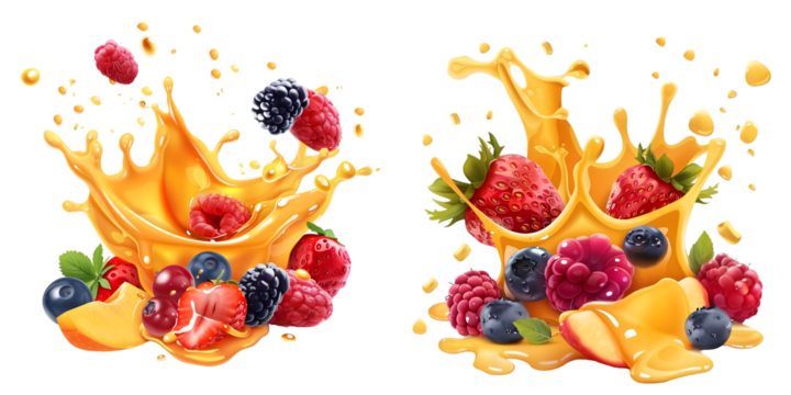 Fruit burst. Splash of juice. Sweet tropical fruits and mixed forest berries. 3d realistic vector icon set. Generative AI.