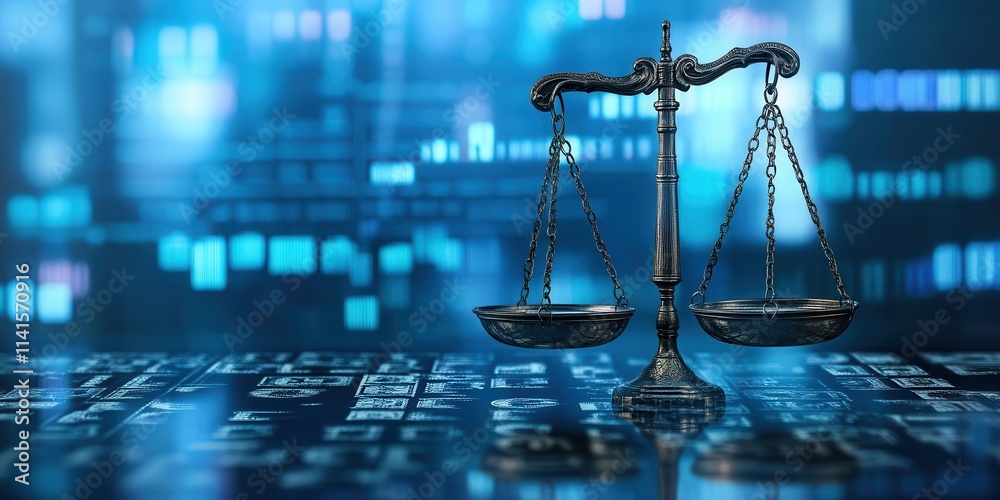 Aufkleber A digital representation of a balanced scale symbolizing justice, set against a backdrop of technology-themed graphics.