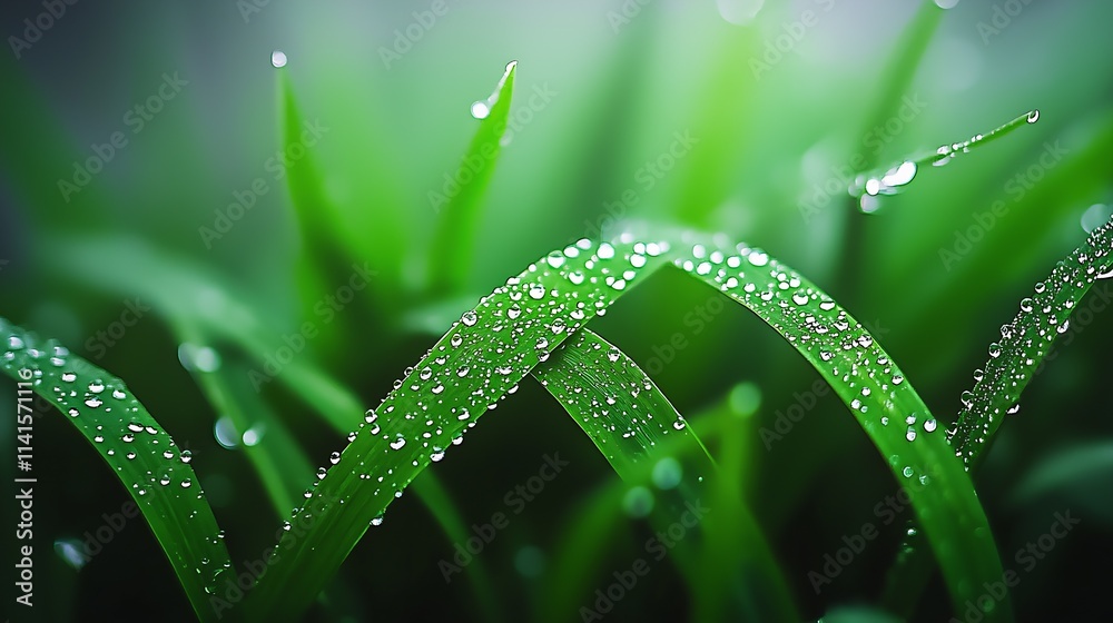 Poster serene dew-covered grass leaves in the morning light with texture : generative ai