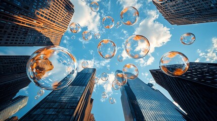 Global interconnectedness symbolized by bubbles floating amidst skyscrapers.