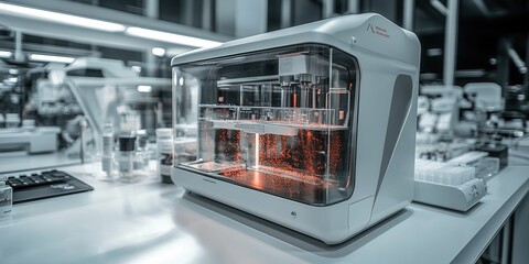 A modern lab device featuring transparent sections, showcasing its internal components, set against a high-tech laboratory backdrop.
